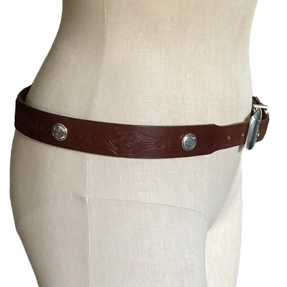VTG Leegin USA 34-38 Western Belt Brown Hand Tooled Leather‎ Silver Conchos 29S